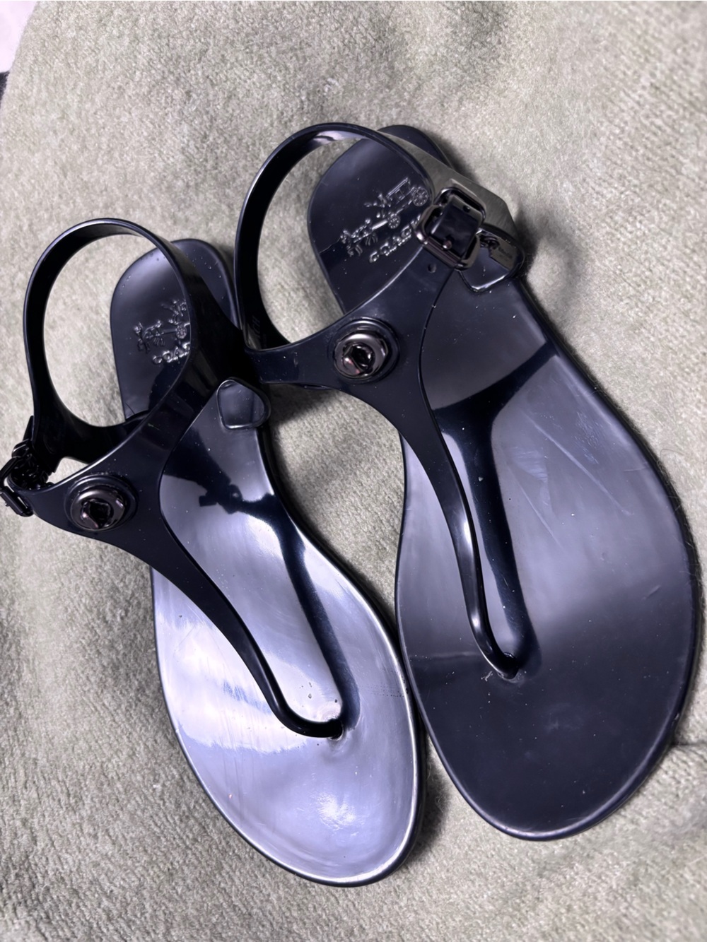Coach Black Jelly T-Strap Sandals with Ankle Buckle